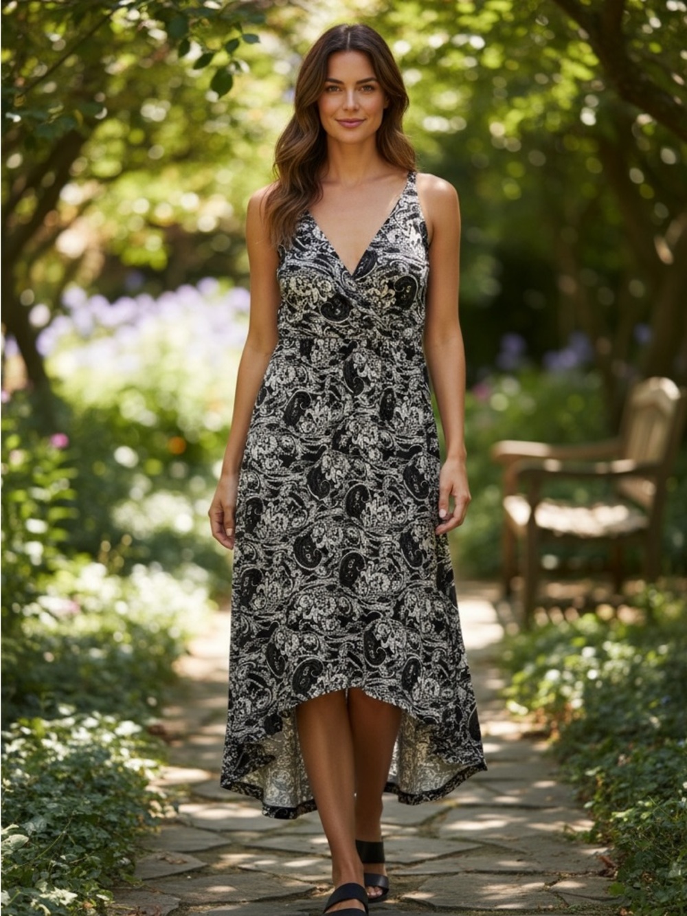 Metaphor Black & White Paisley High-Low V-Neck Dress